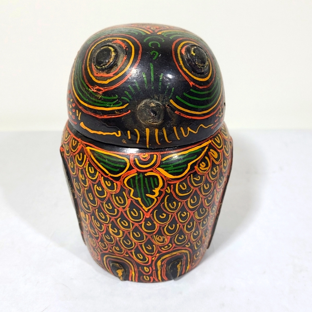 Vintage Burmese Zoomorphic wooden owl lacquerware trinket box